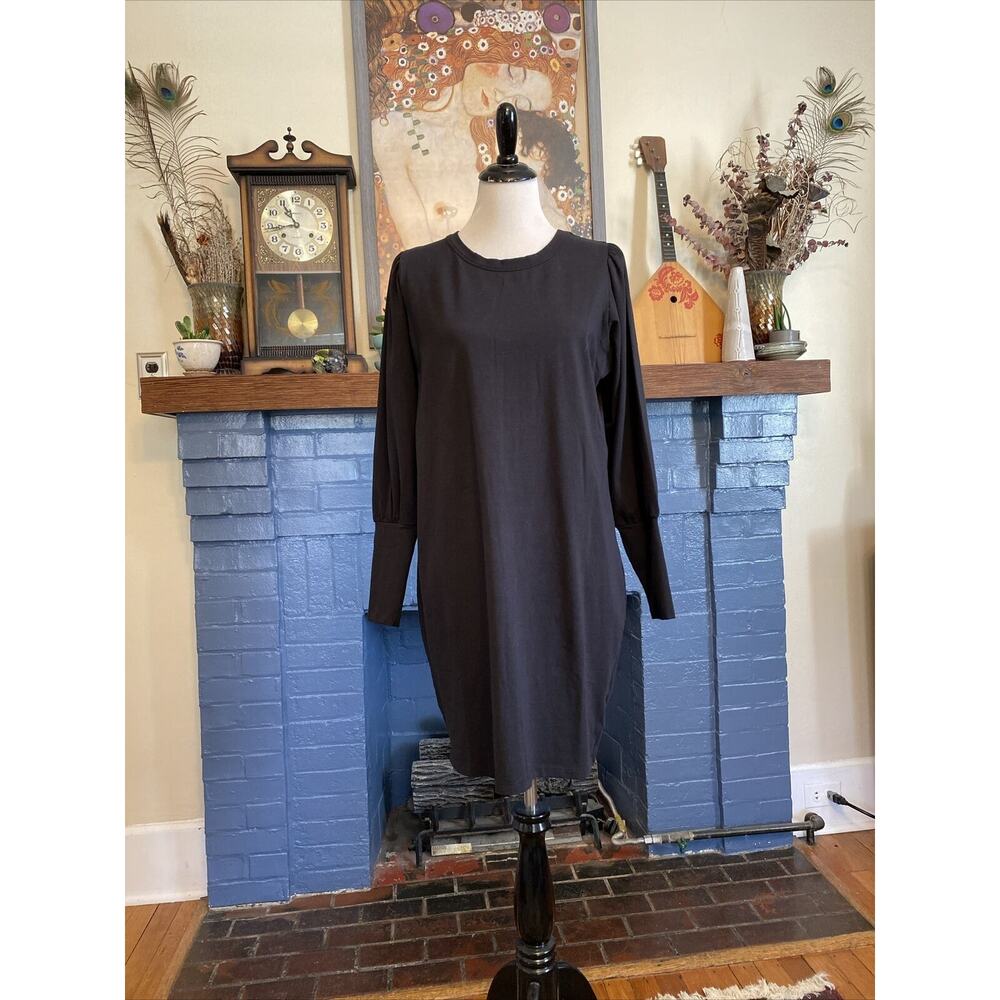WVN Cotton Gray Shift Dress L Long Sleeve Knit Puff Sleeve Minimal Synergy